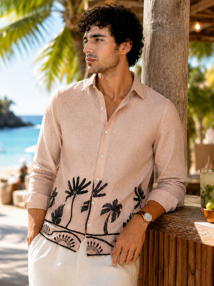 CAHOOT Men's Light Pink Botanical Placement Embroidered Shirt - view 1