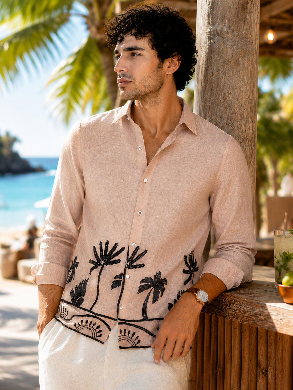 CAHOOT Men's Light Pink Botanical Placement Embroidered Shirt - view 1