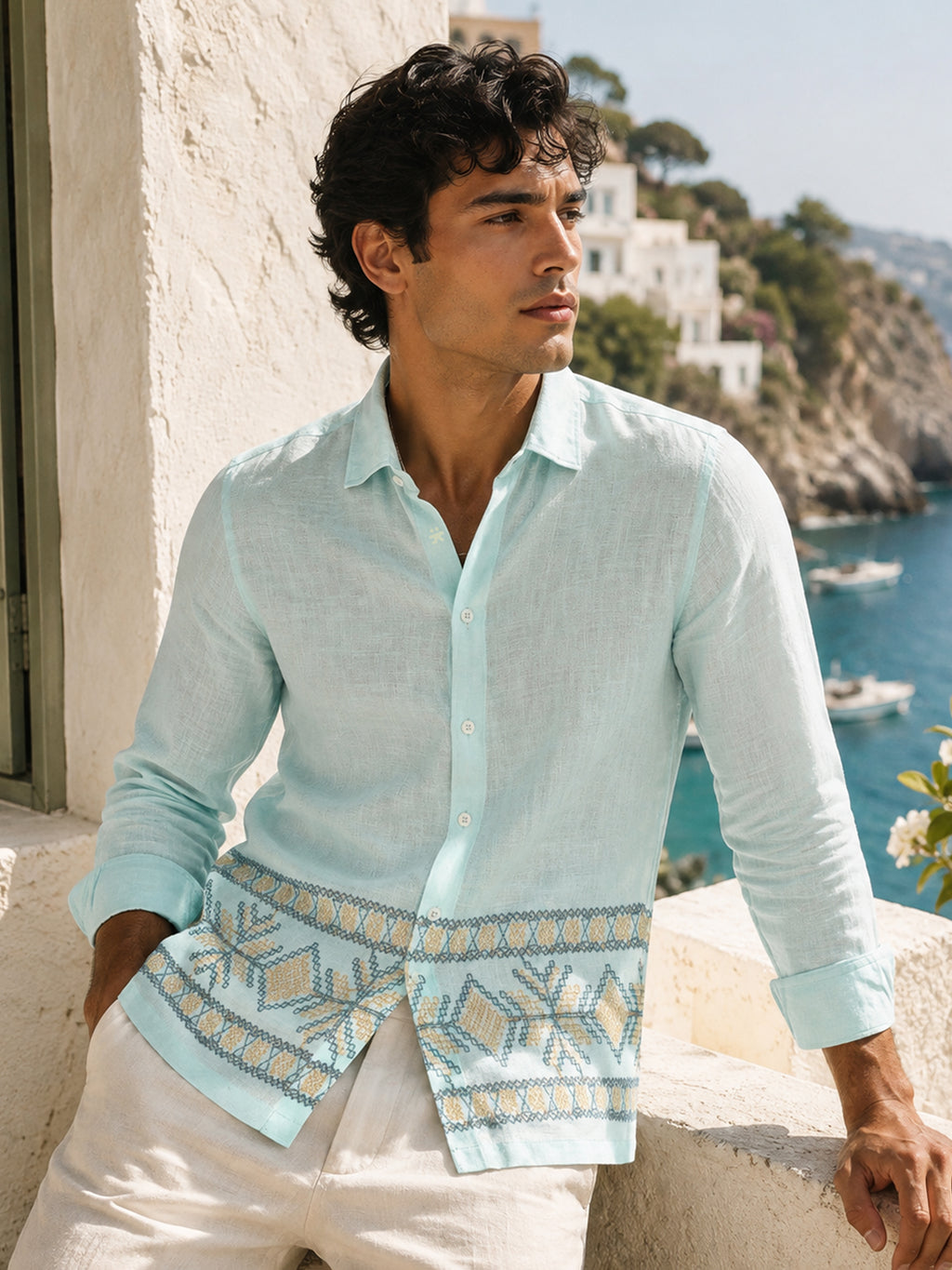 CAHOOT Men's Aqua Placement Embroidered Regular Fit Shirt - view 1