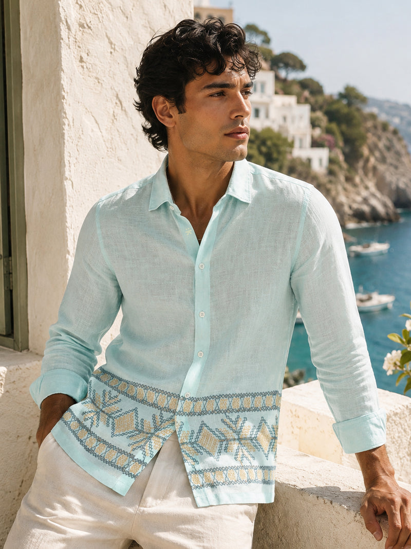 CAHOOT Men's Aqua Placement Embroidered Regular Fit Shirt - view 1