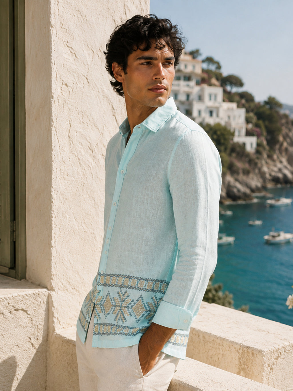 CAHOOT Men's Aqua Placement Embroidered Regular Fit Shirt - view 2