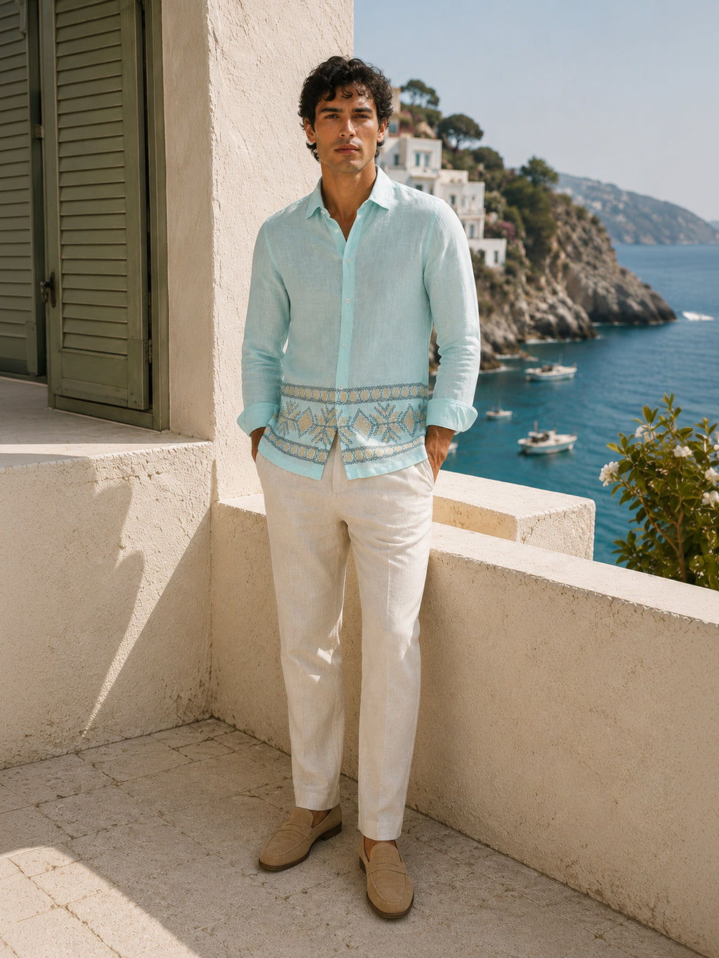 CAHOOT Men's Aqua Placement Embroidered Regular Fit Shirt - view 4
