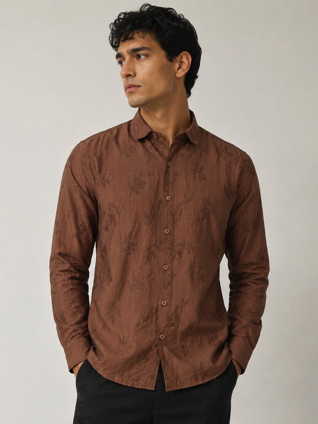 CAHOOT Men's Brown Viscose Nylon Jacquard Regular Fit Shirt - view 1