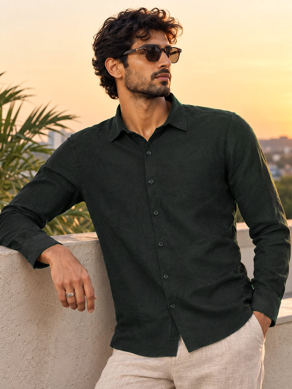 CAHOOT Men's Green Viscose Nylon Jacquard Regular Fit Shirt - view 1