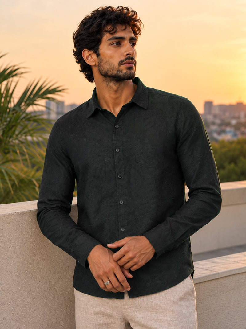 CAHOOT Men's Green Viscose Nylon Jacquard Regular Fit Shirt - view 2
