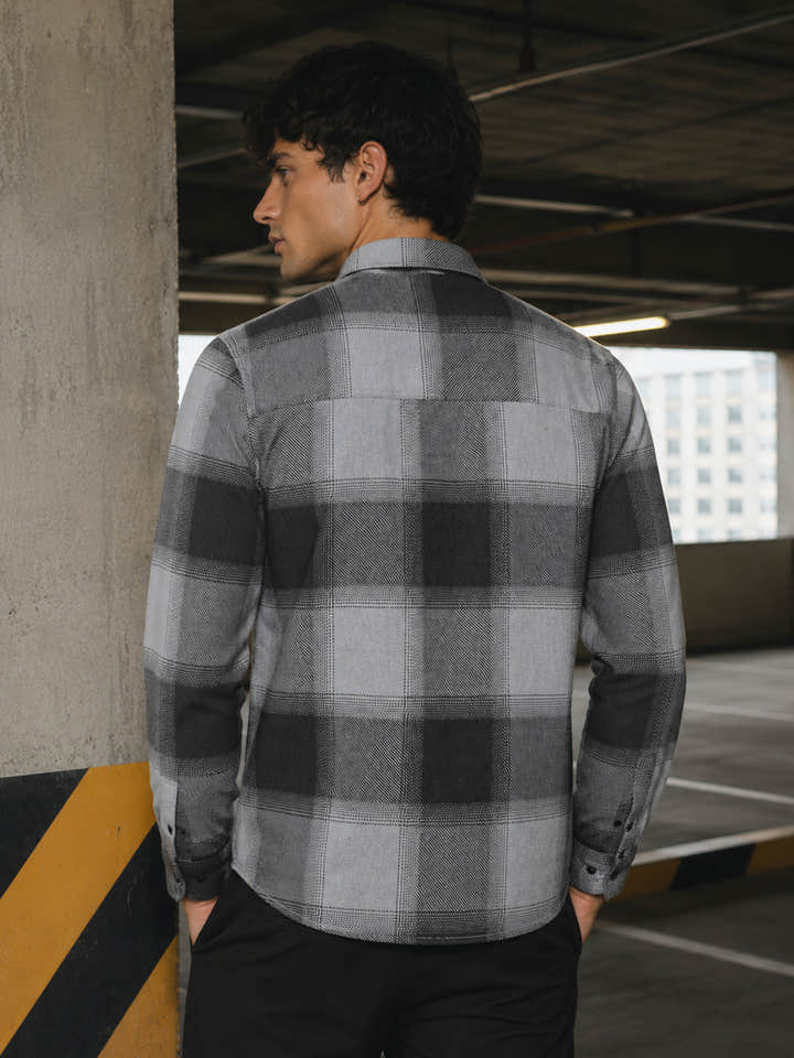 CAHOOT Grey & Charcoal Checked Oversized Fit Flannel Shirt - view 2