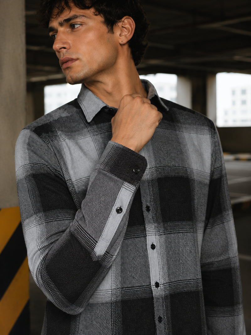 Grey & Black Check Regular Fit Casual Shirt