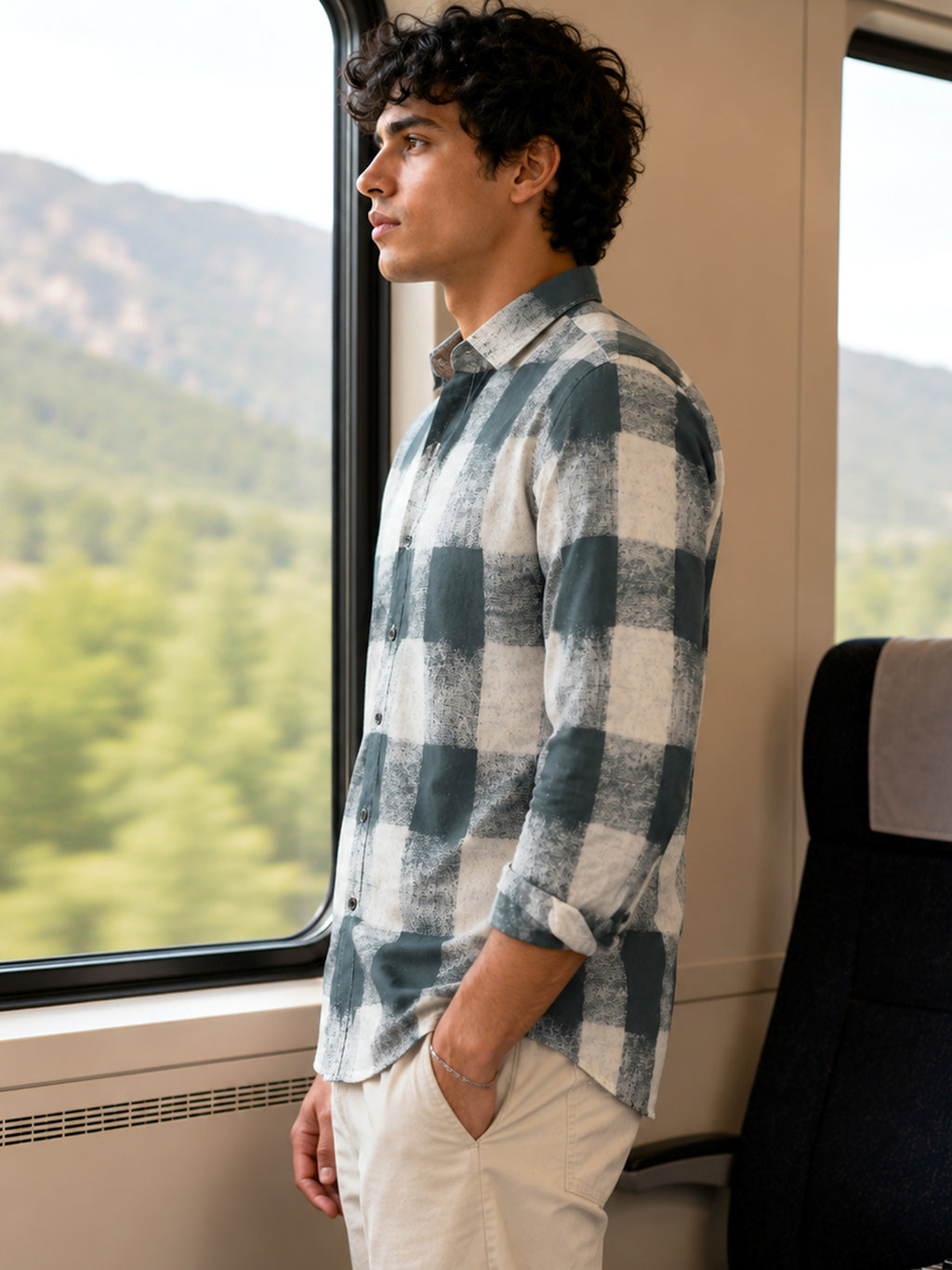 CAHOOT Green & White Checked Rayon Regular Fit Shirt - view 2