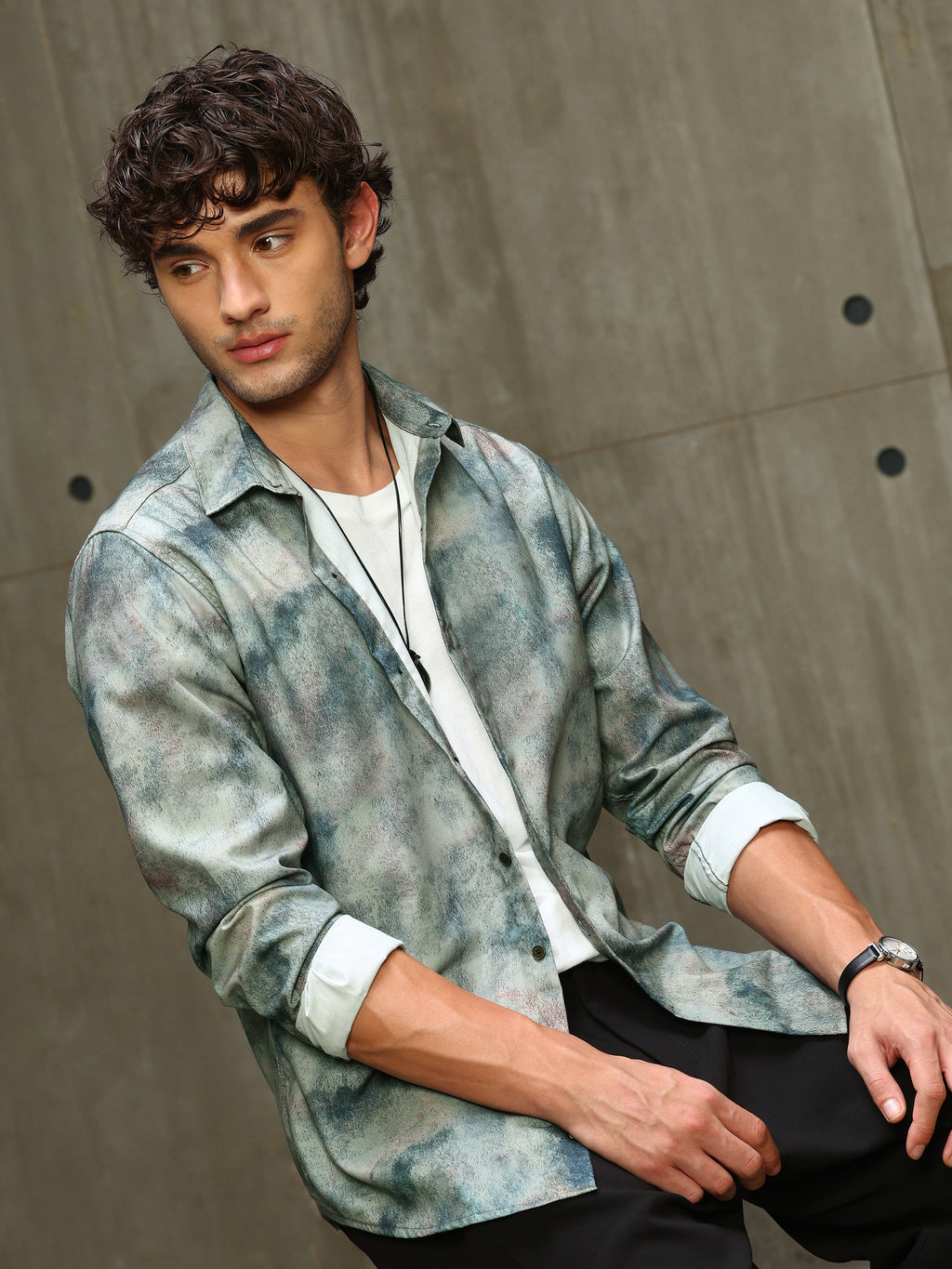 CAHOOT Men's Sage Green Abstract Printed Viscose Regular Fit Shirt - view 1