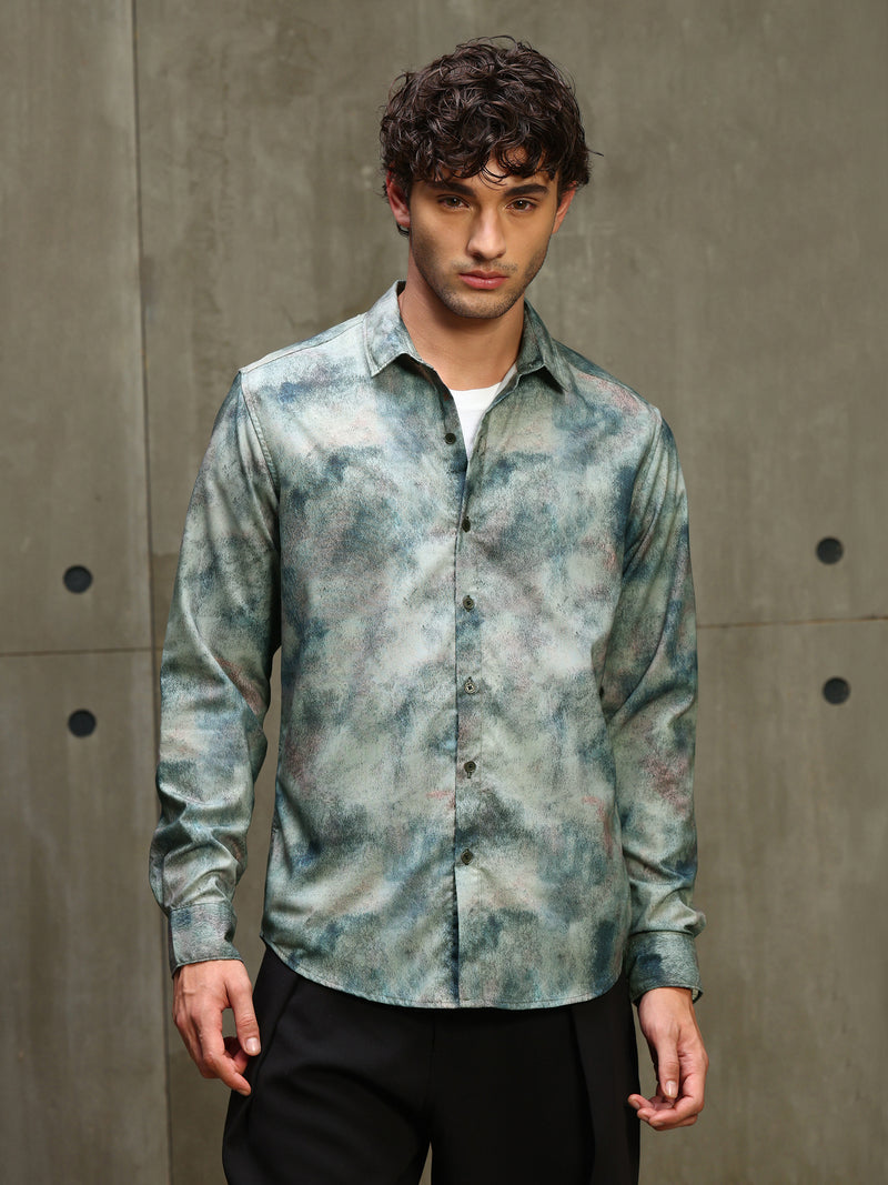 CAHOOT Men's Sage Green Abstract Printed Viscose Regular Fit Shirt - view 2
