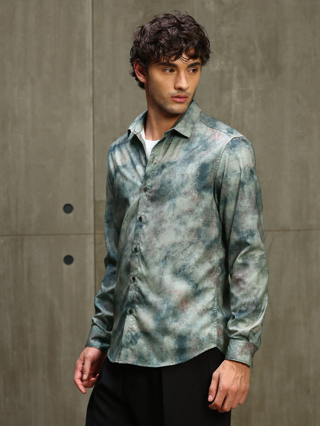 CAHOOT Men's Sage Green Abstract Printed Viscose Regular Fit Shirt - view 3