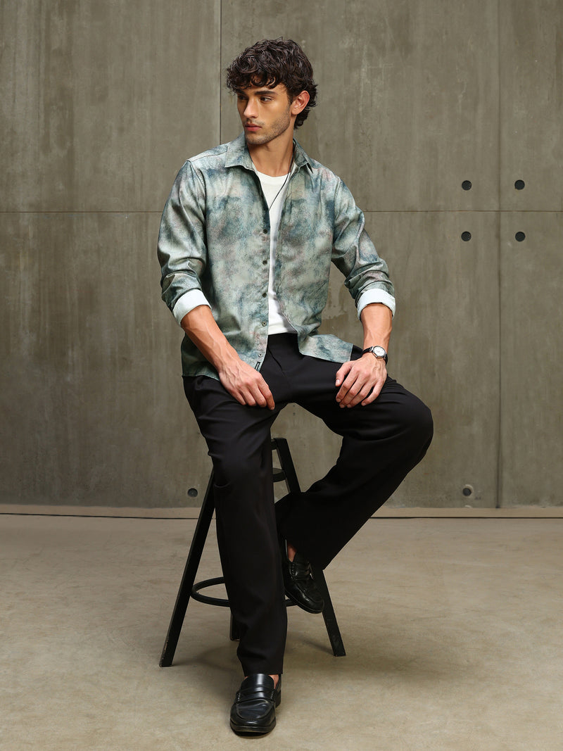 CAHOOT Men's Sage Green Abstract Printed Viscose Regular Fit Shirt - view 6