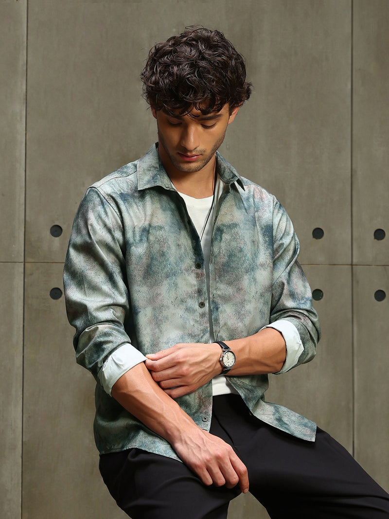 CAHOOT Men's Sage Green Abstract Printed Viscose Regular Fit Shirt - view 7