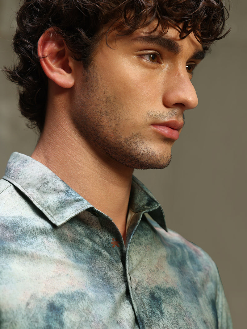 CAHOOT Men's Sage Green Abstract Printed Viscose Regular Fit Shirt - view 9