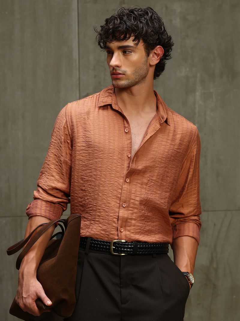 CAHOOT Men's Orange Jacquard Viscose Nylon Shirt - view 1