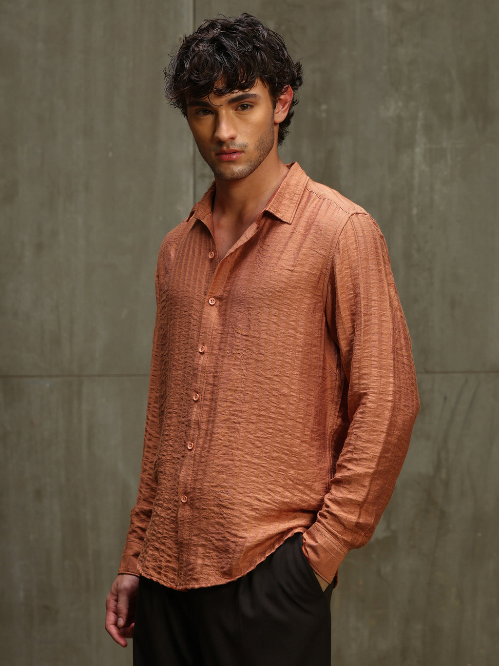 CAHOOT Men's Orange Jacquard Viscose Nylon Shirt - view 3