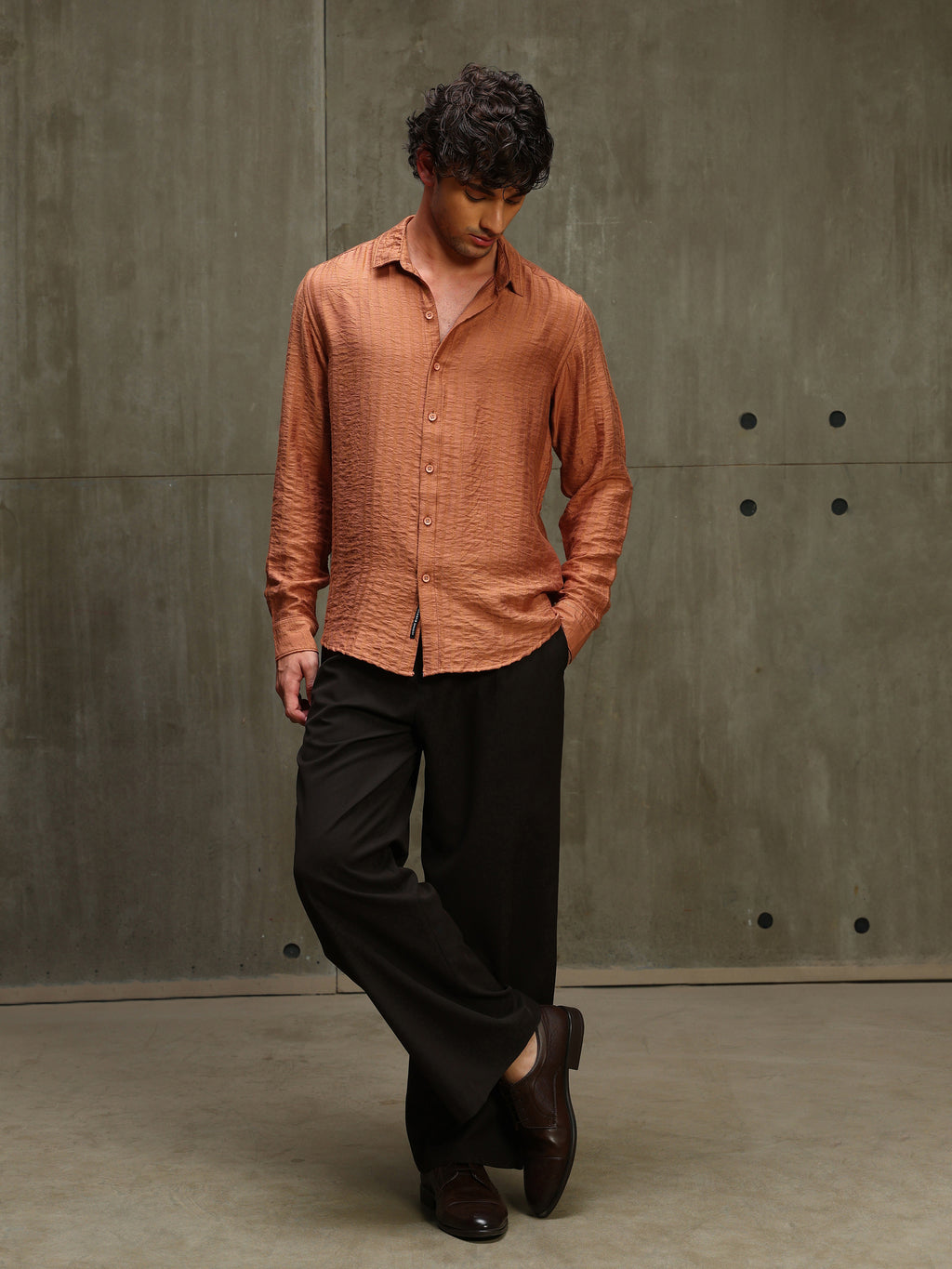CAHOOT Men's Orange Jacquard Viscose Nylon Shirt - view 5