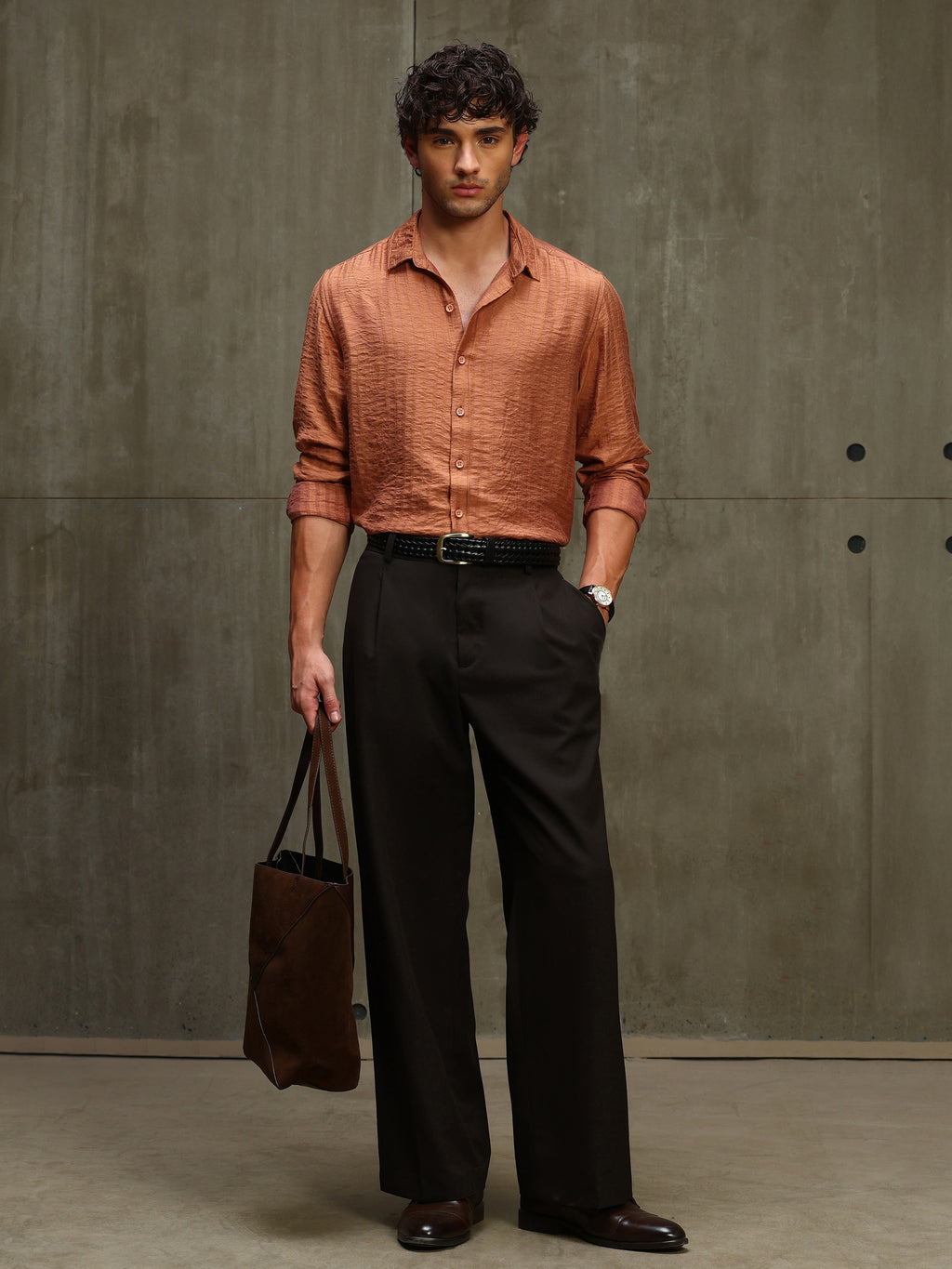 CAHOOT Men's Orange Jacquard Viscose Nylon Shirt - view 6