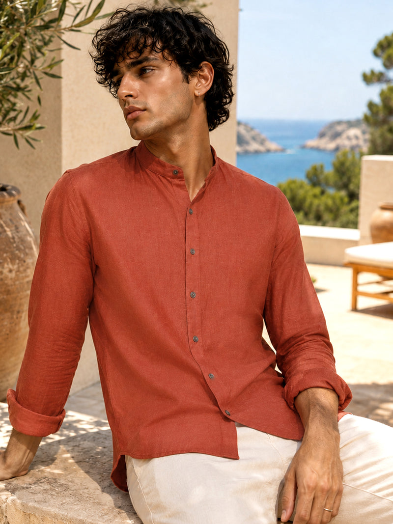 CAHOOT Men's Solid Rust Mandarin Collar Cotton Shirt - view 1