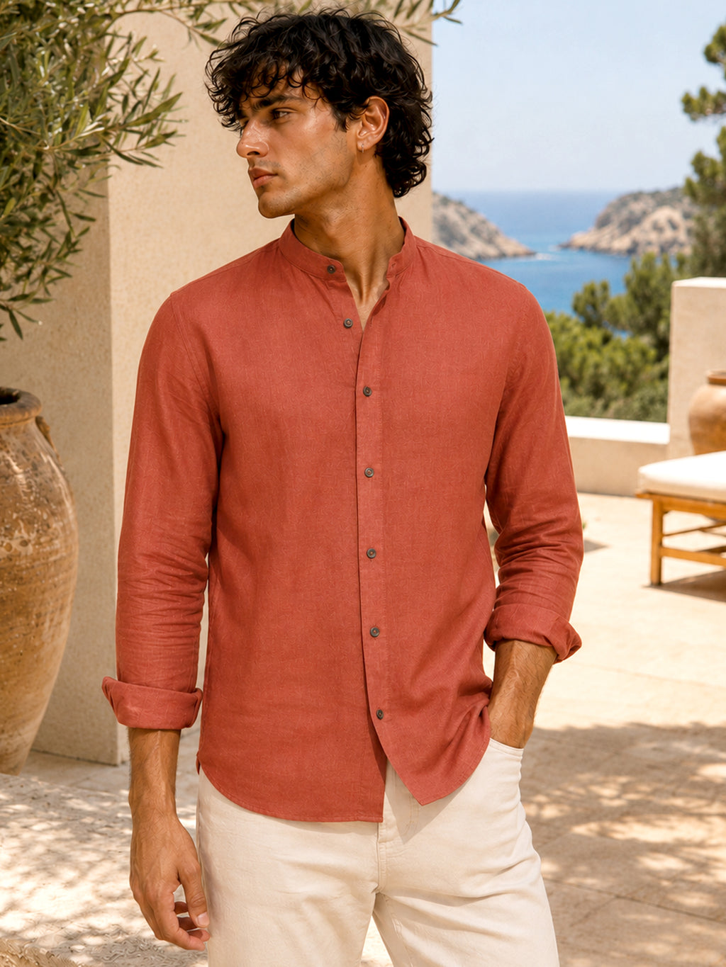 CAHOOT Men's Solid Rust Mandarin Collar Cotton Shirt - view 2