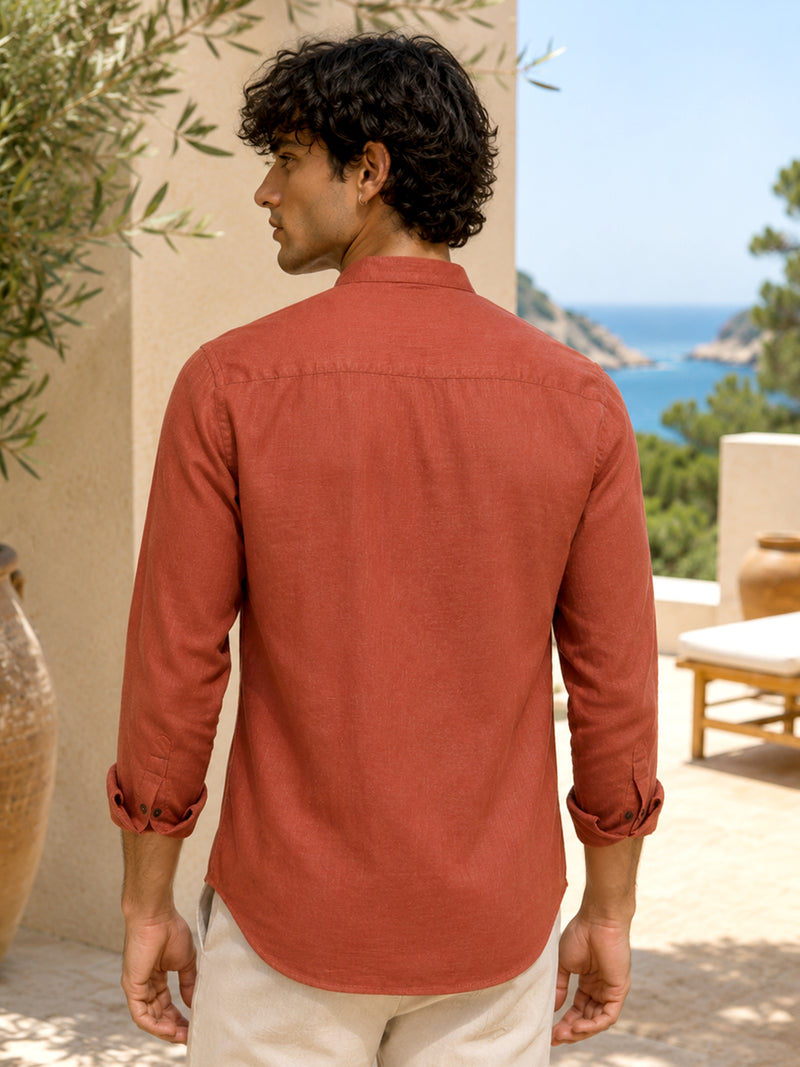 CAHOOT Men's Solid Rust Mandarin Collar Cotton Shirt - view 3