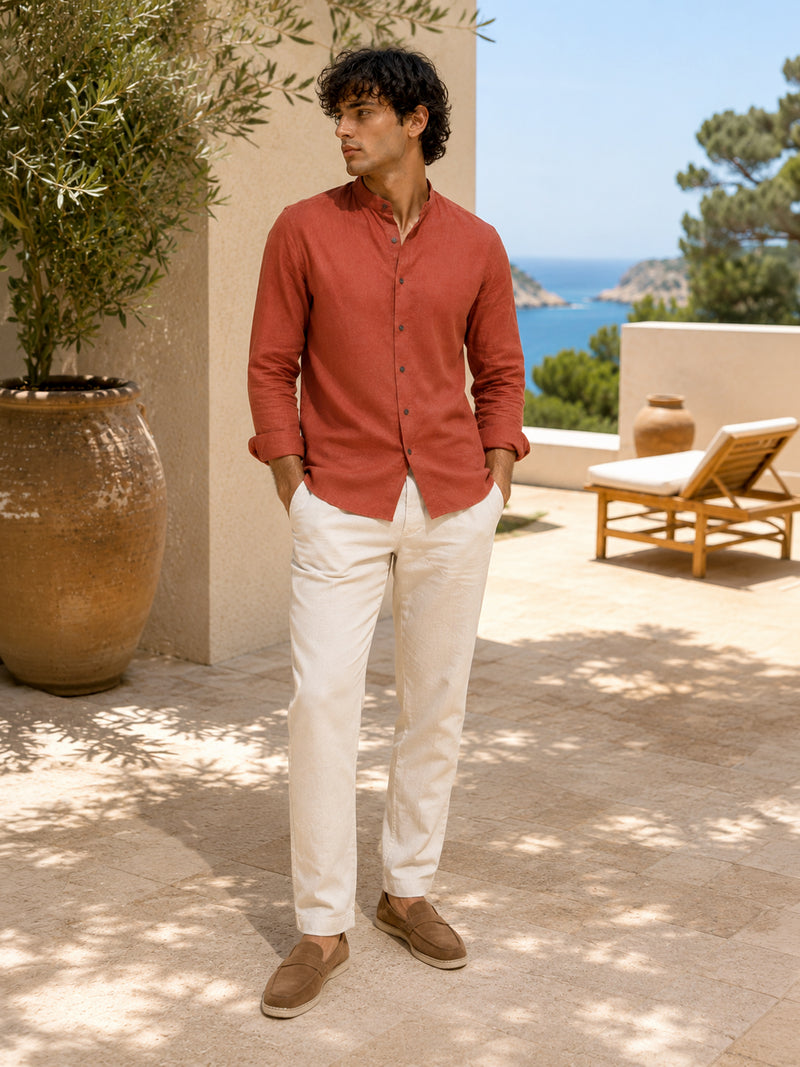 CAHOOT Men's Solid Rust Mandarin Collar Cotton Shirt - view 4