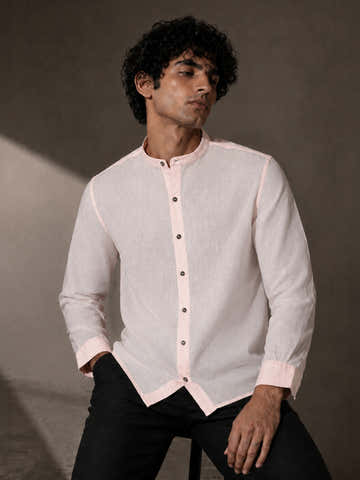 Pink Mandarin Collar Cotton Linen Shirt