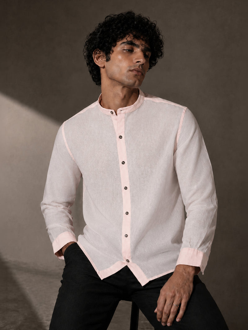 CAHOOT Men's Solid Pink Mandarin Collar Cotton Shirt - view 1