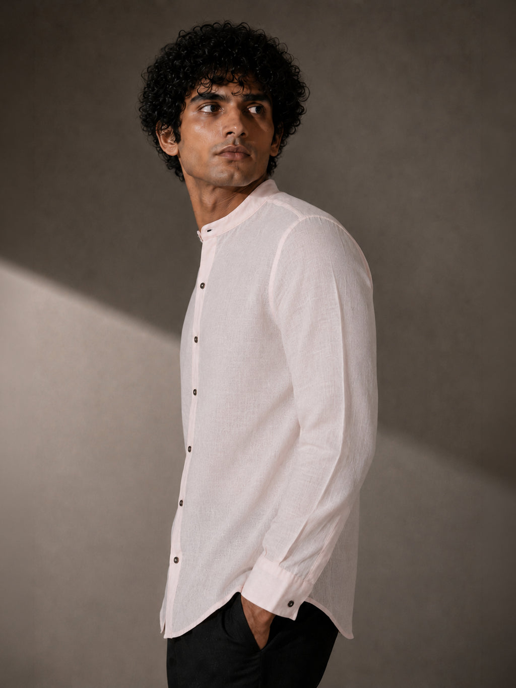 CAHOOT Men's Solid Pink Mandarin Collar Cotton Shirt - view 2
