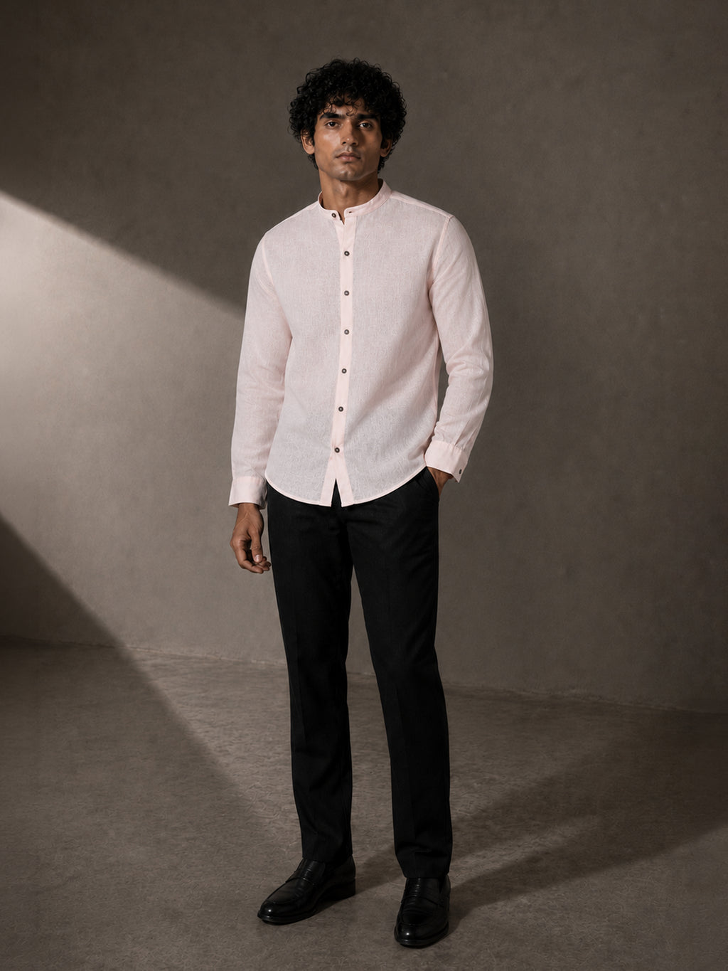 CAHOOT Men's Solid Pink Mandarin Collar Cotton Shirt - view 4