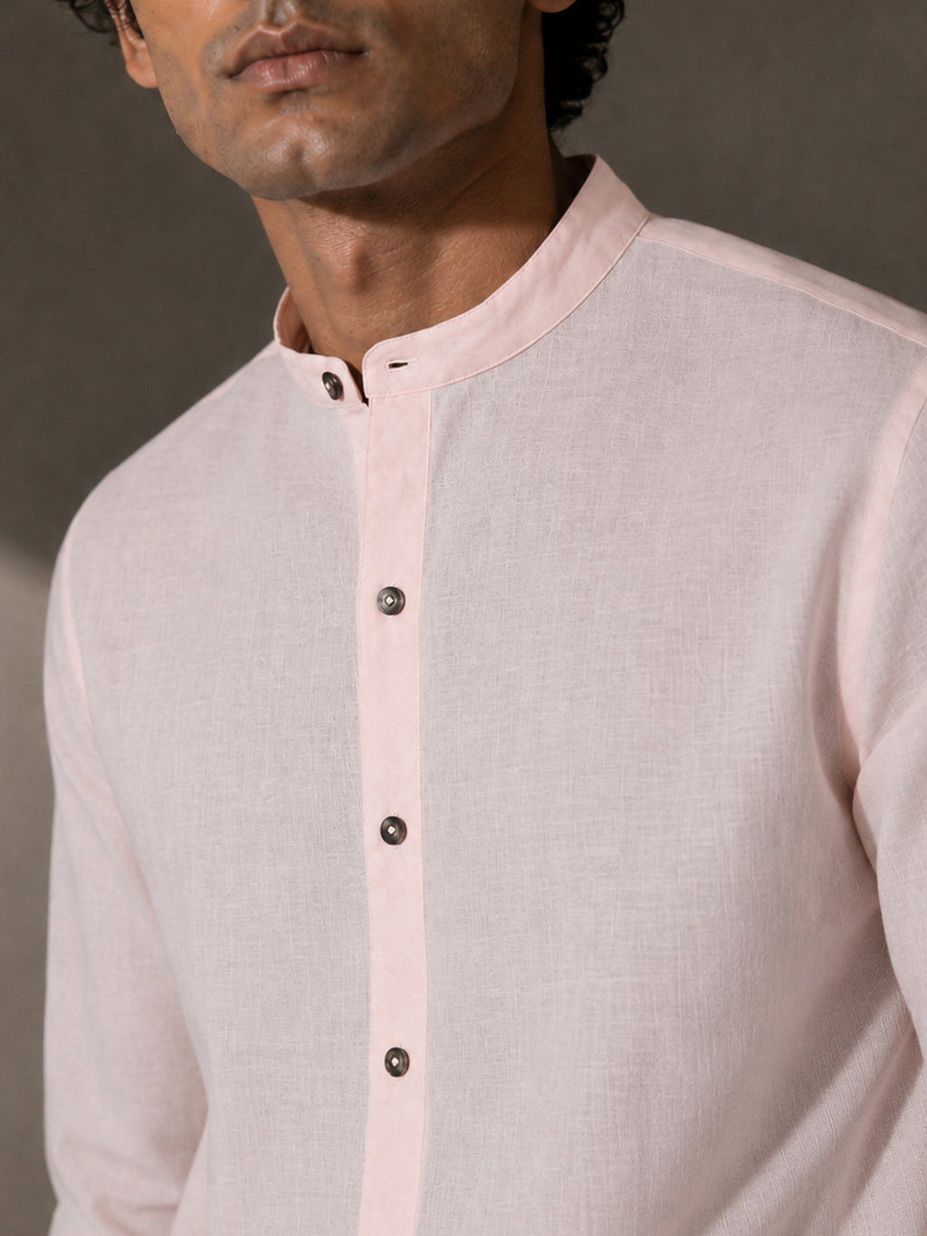 CAHOOT Men's Solid Pink Mandarin Collar Cotton Shirt - view 5