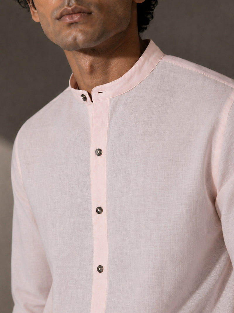 CAHOOT Men's Solid Pink Mandarin Collar Cotton Shirt - view 5