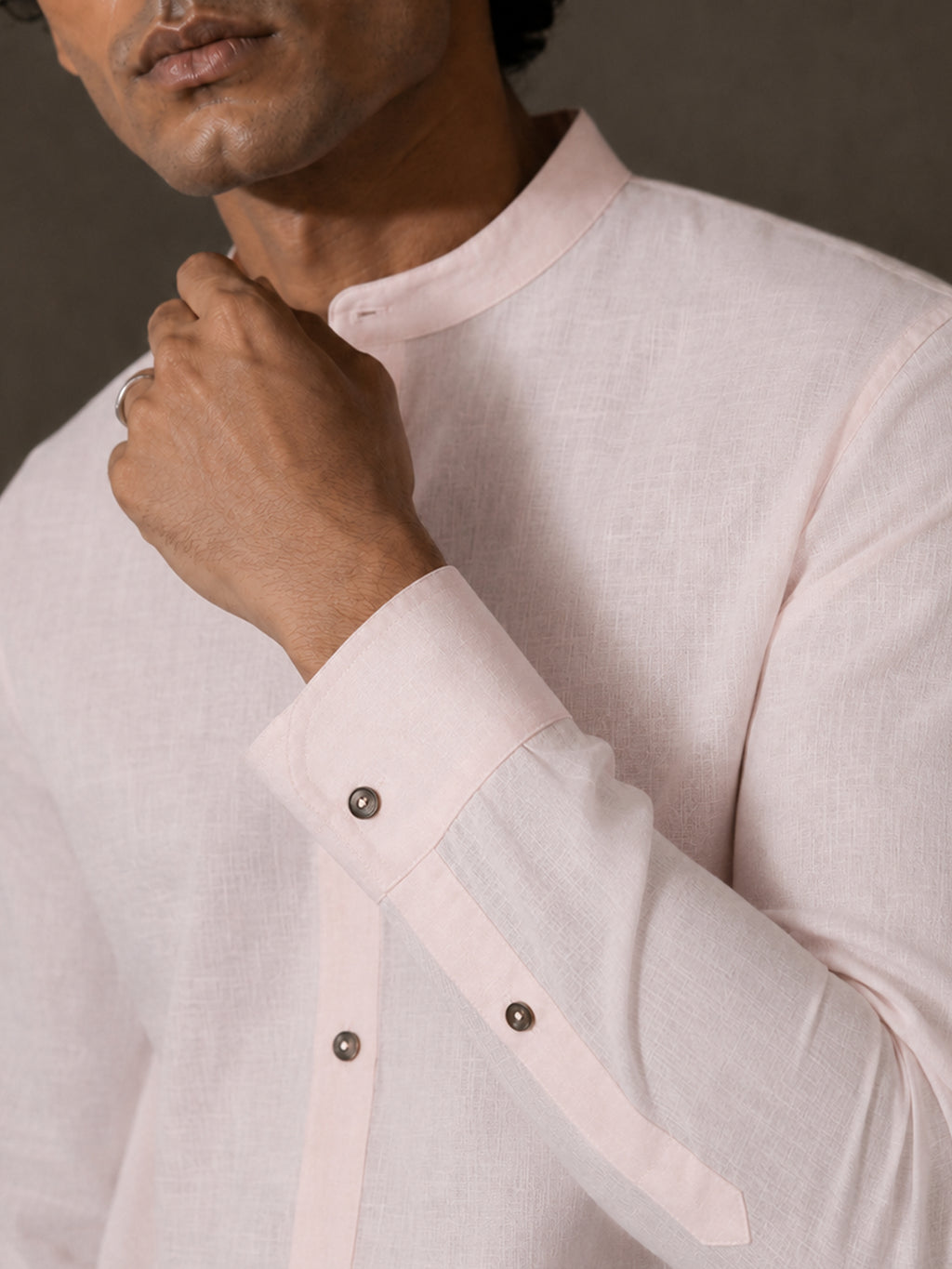 CAHOOT Men's Solid Pink Mandarin Collar Cotton Shirt - view 6