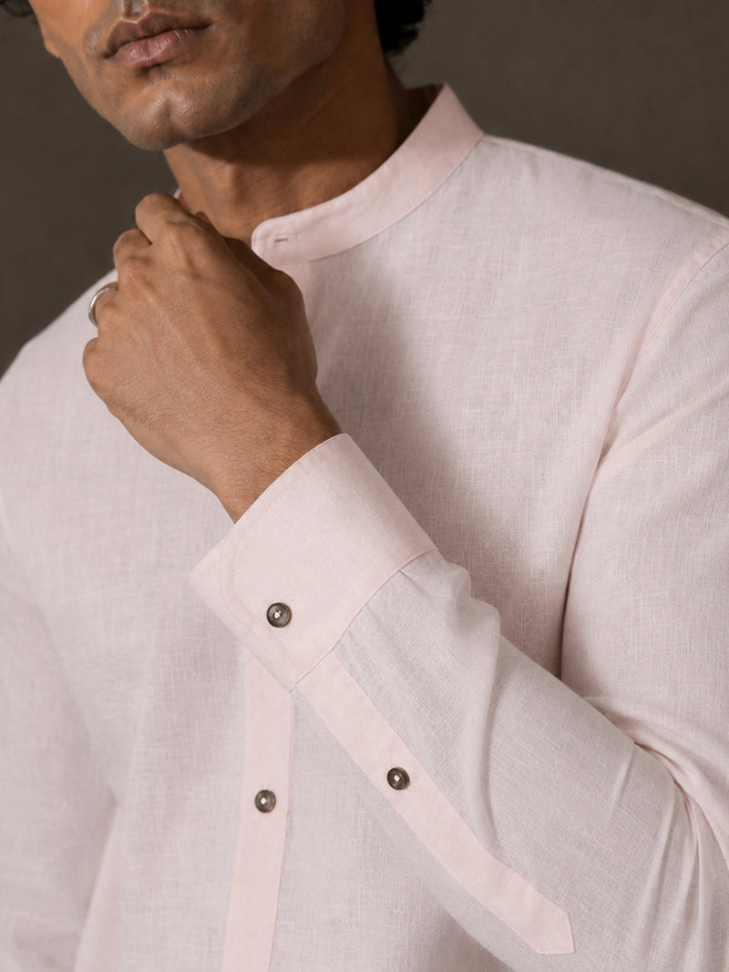 CAHOOT Men's Solid Pink Mandarin Collar Cotton Shirt - view 6