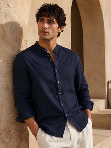 Navy Mandarin Collar Cotton Linen Shirt
