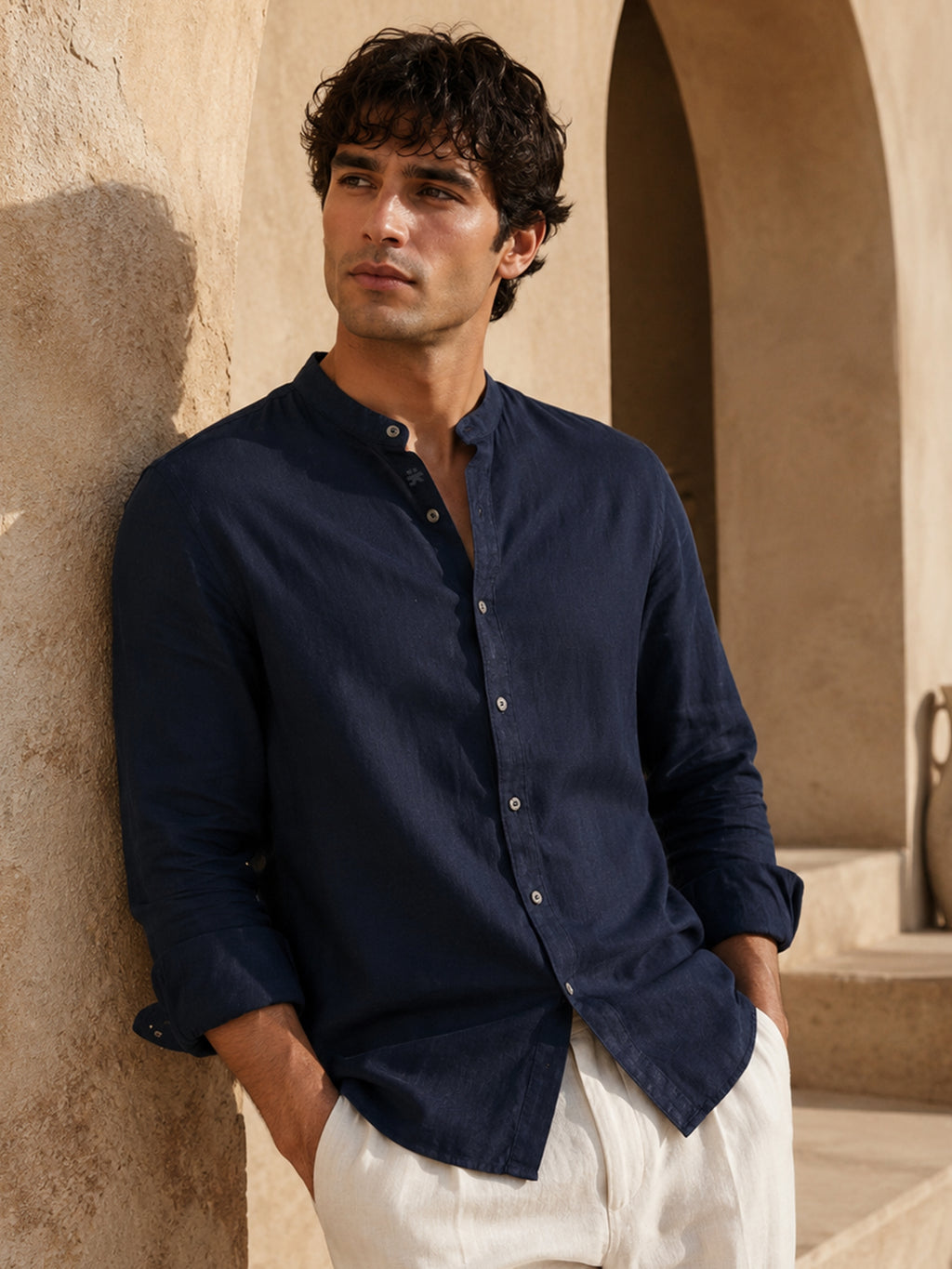 CAHOOT Men's Solid Navy Mandarin Collar Cotton Shirt - view 1