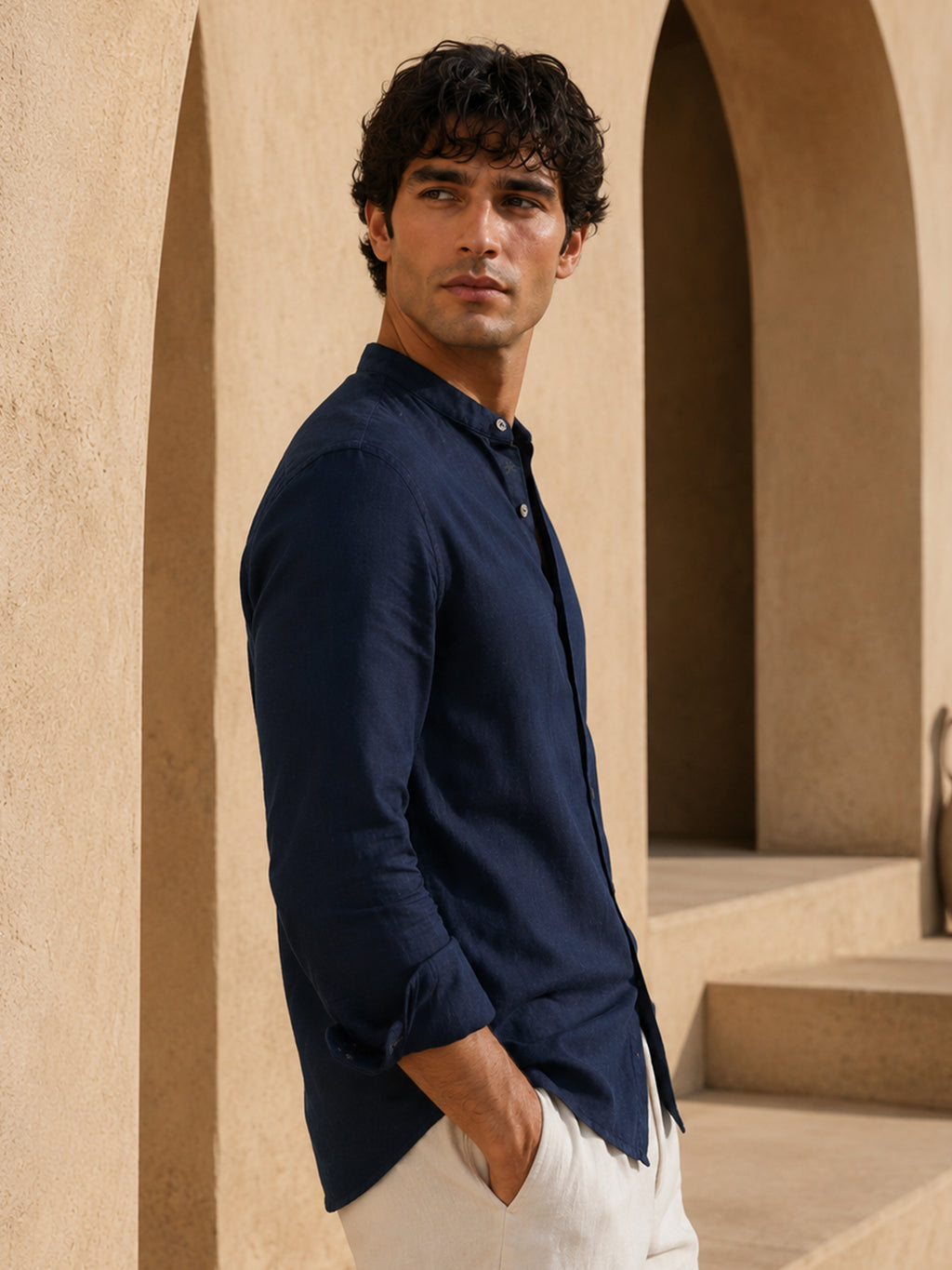 CAHOOT Men's Solid Navy Mandarin Collar Cotton Shirt - view 2