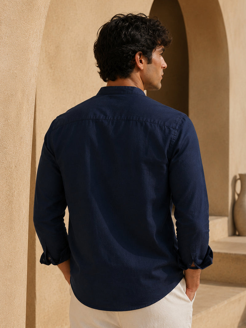 CAHOOT Men's Solid Navy Mandarin Collar Cotton Shirt - view 3