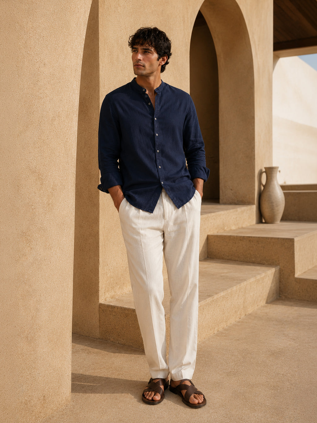 CAHOOT Men's Solid Navy Mandarin Collar Cotton Shirt - view 4