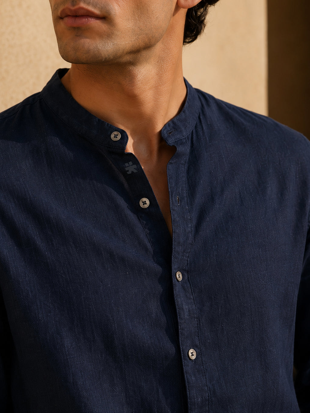 CAHOOT Men's Solid Navy Mandarin Collar Cotton Shirt - view 5