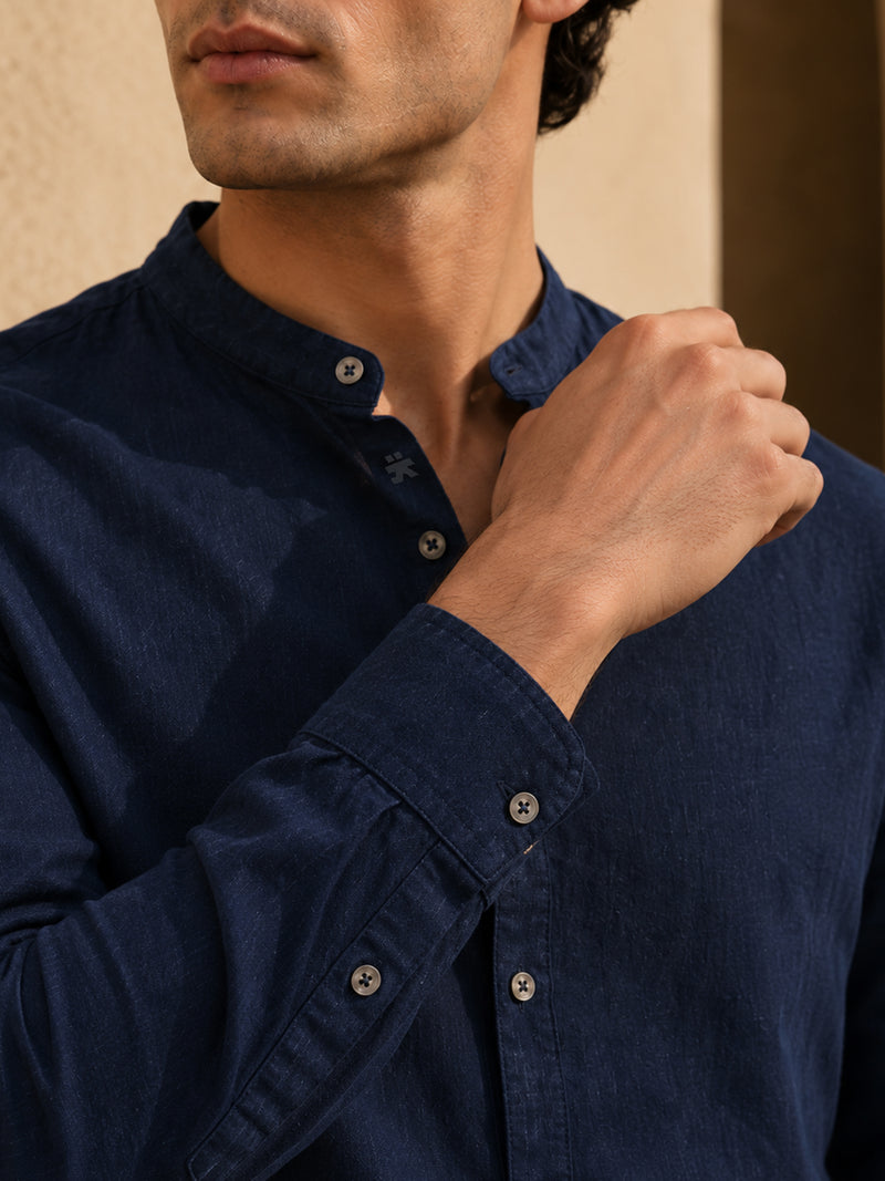 CAHOOT Men's Solid Navy Mandarin Collar Cotton Shirt - view 6