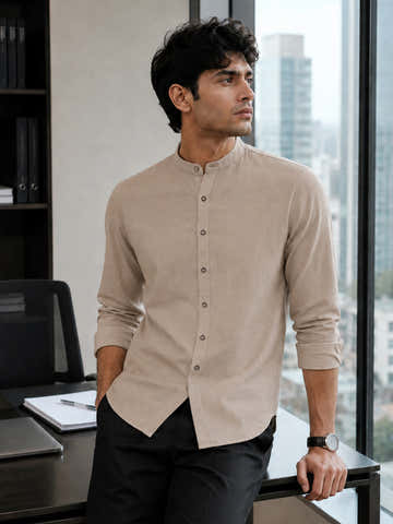 Beige Mandarin Collar Cotton Linen Shirt