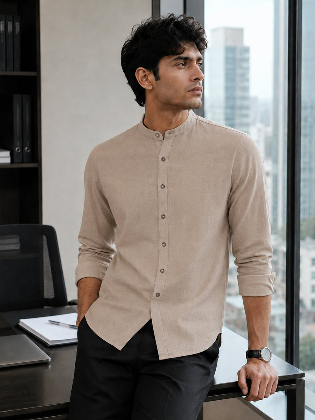 CAHOOT Men's Solid Beige Mandarin Collar Cotton Shirt - view 1