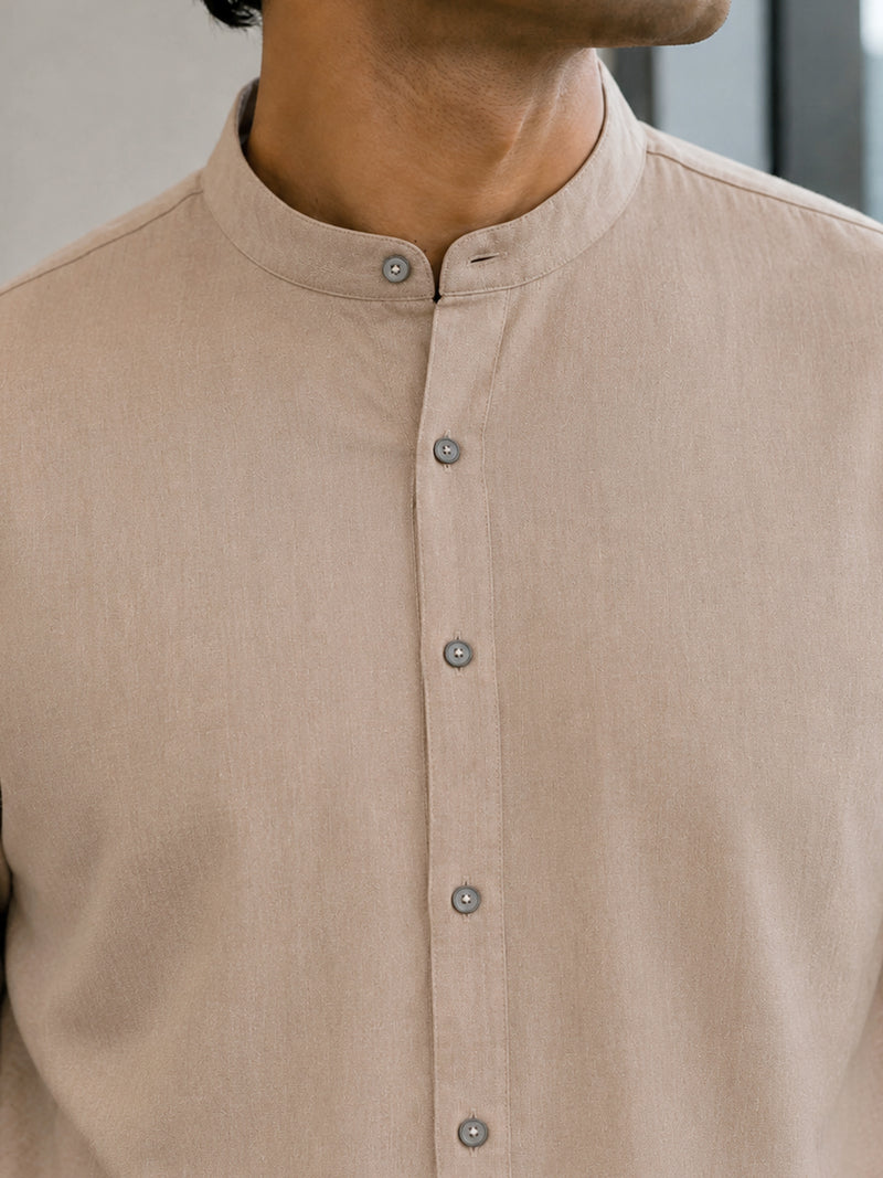 CAHOOT Men's Solid Beige Mandarin Collar Cotton Shirt - view 5