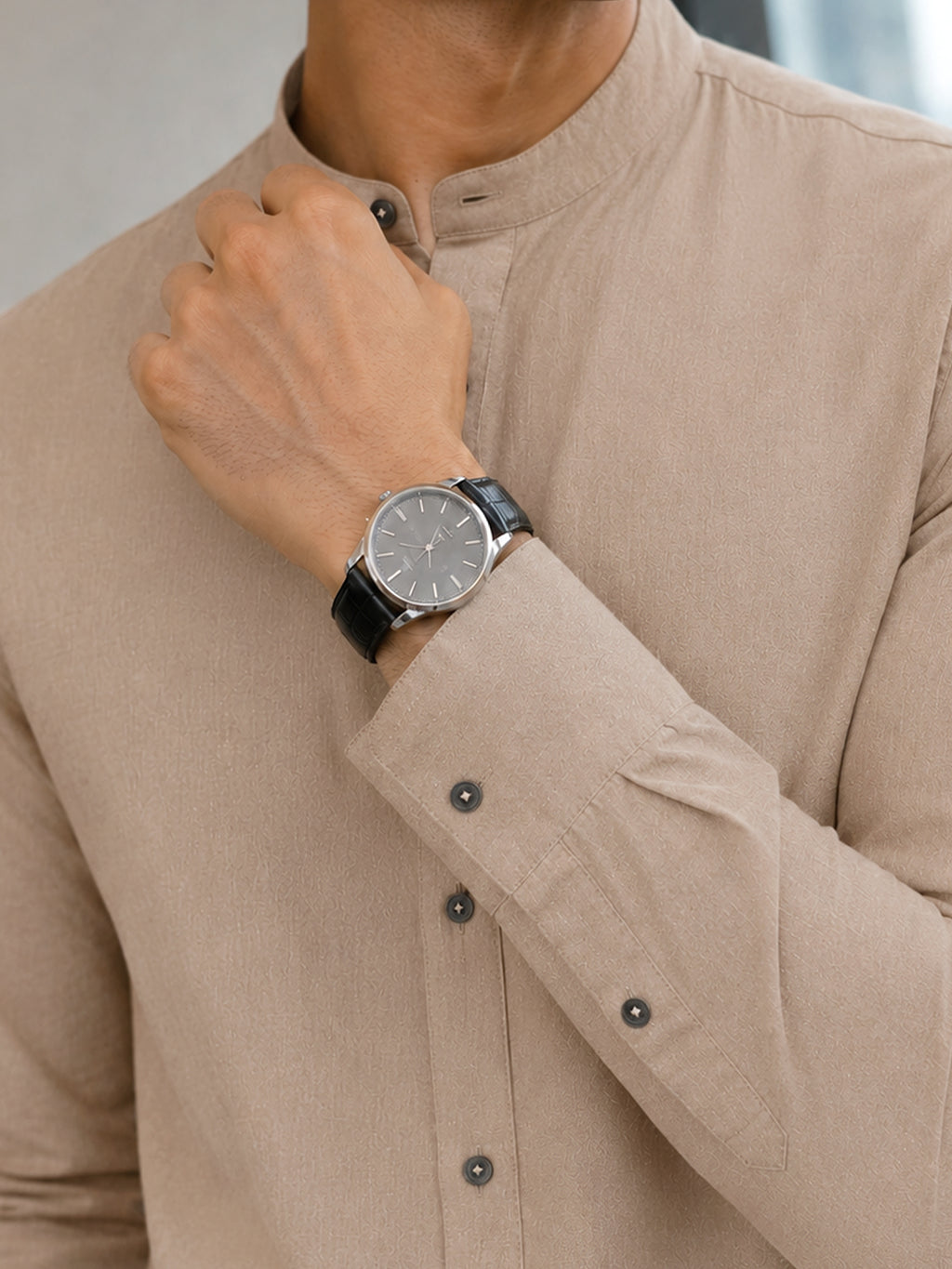 CAHOOT Men's Solid Beige Mandarin Collar Cotton Shirt - view 6