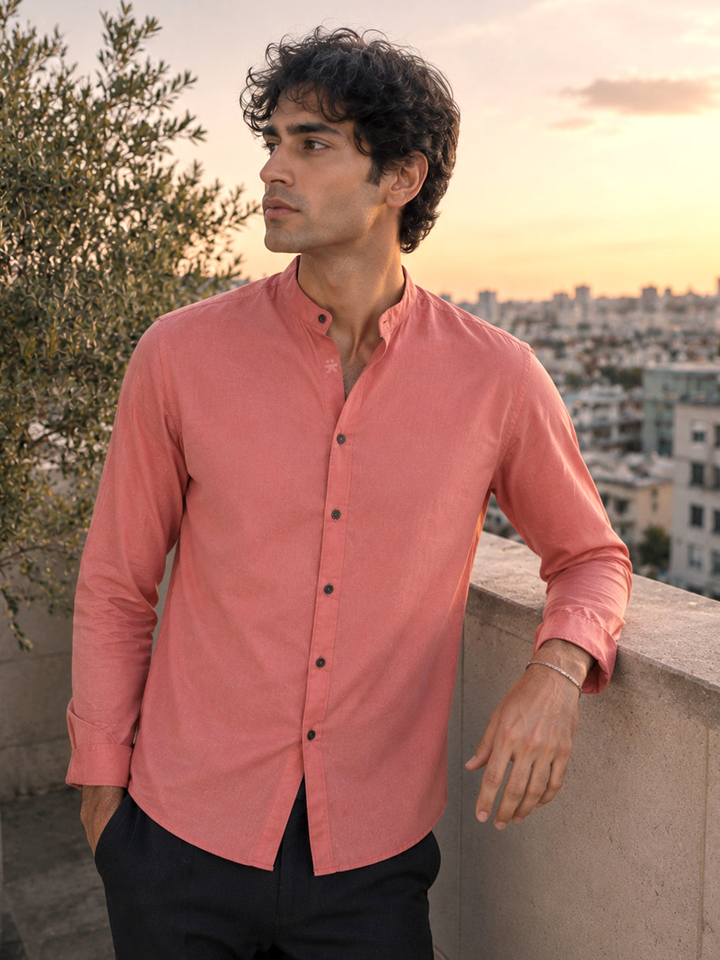 CAHOOT Men's Solid Coral Mandarin Collar Cotton Shirt - view 1