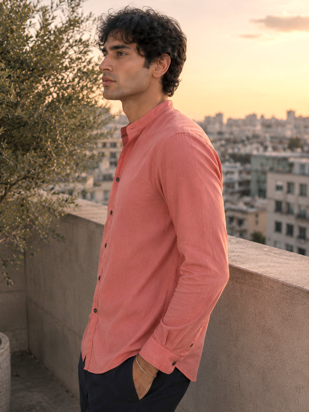 CAHOOT Men's Solid Coral Mandarin Collar Cotton Shirt - view 2
