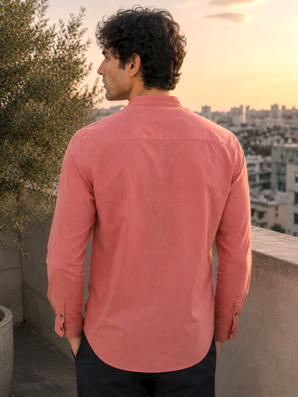CAHOOT Men's Solid Coral Mandarin Collar Cotton Shirt - view 3