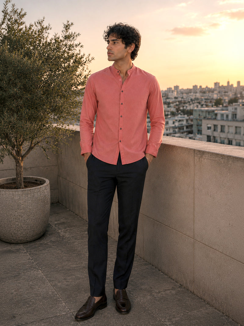 CAHOOT Men's Solid Coral Mandarin Collar Cotton Shirt - view 4