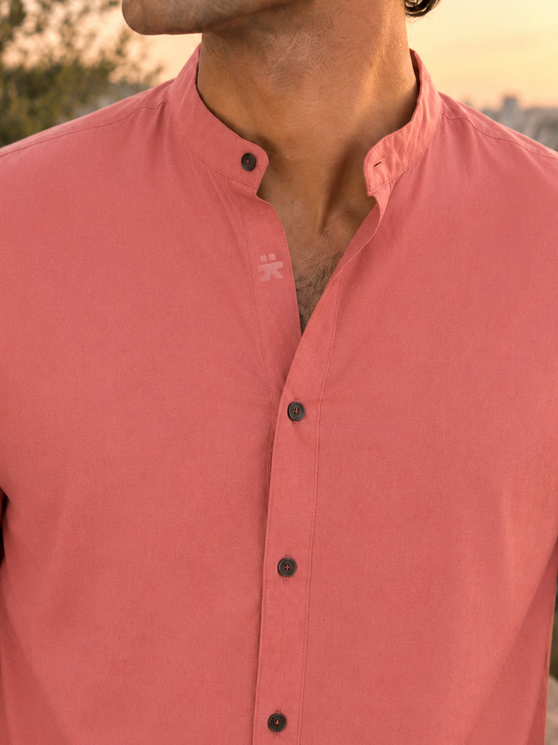 CAHOOT Men's Solid Coral Mandarin Collar Cotton Shirt - view 5